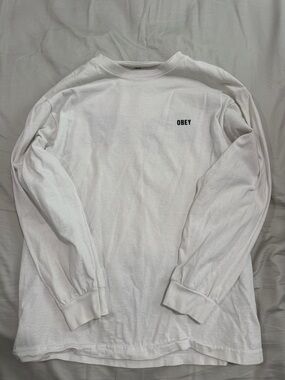 Obey White Long Sleeve Tee with Small Chest Logo